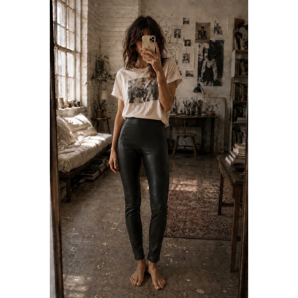 Victoria Beckham Black Leather Zip Pants Leggings Size 27